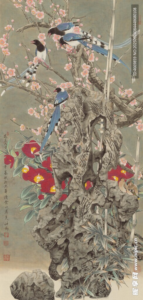 花鸟山石图