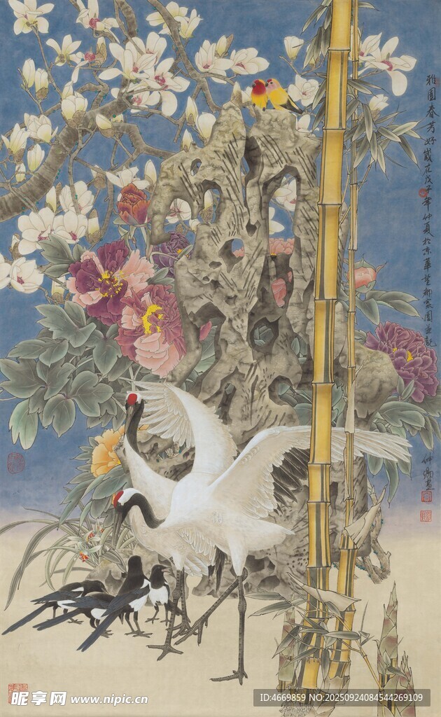 中式花鸟图中的优雅白鹤