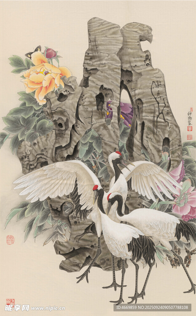 鹤舞山石花卉图