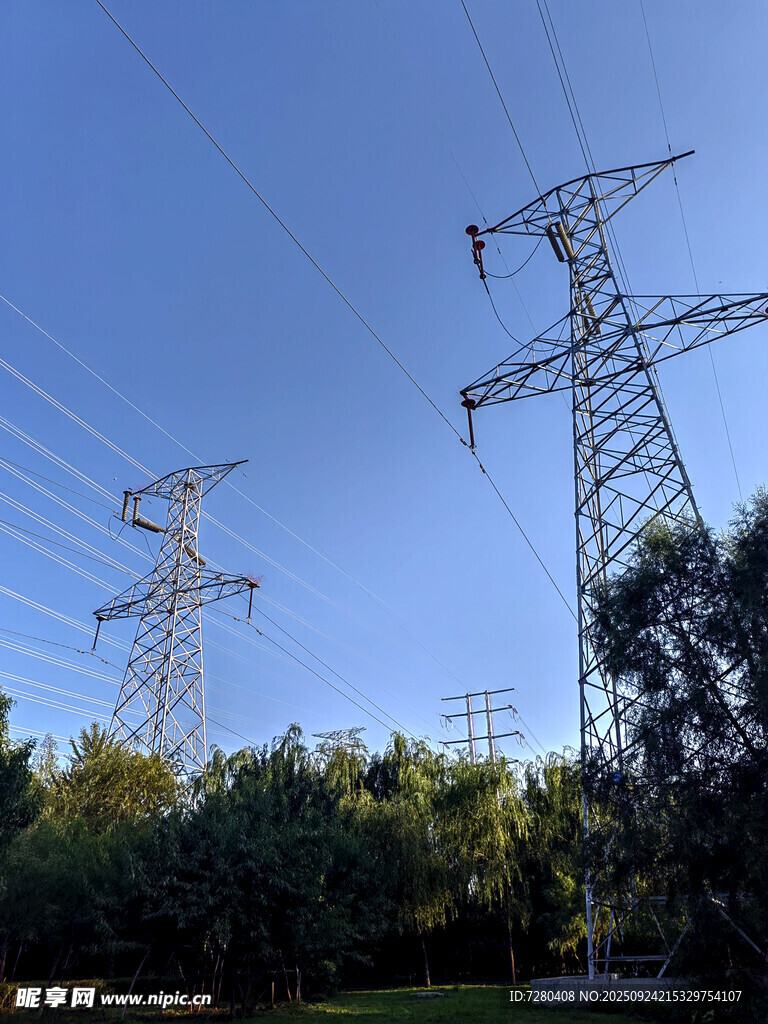 户外高压输电塔与绿树
