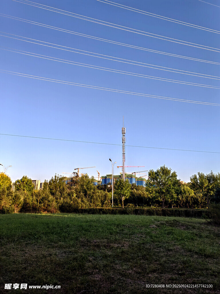 田野上的电线与高耸电塔