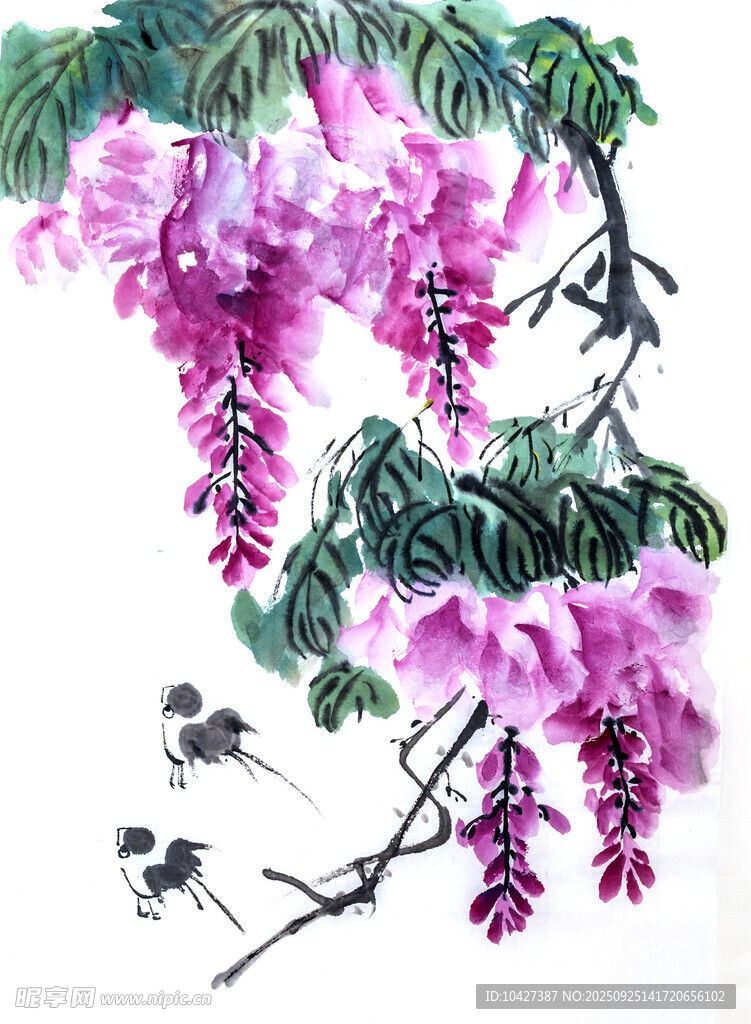 紫藤花开伴飞鸟