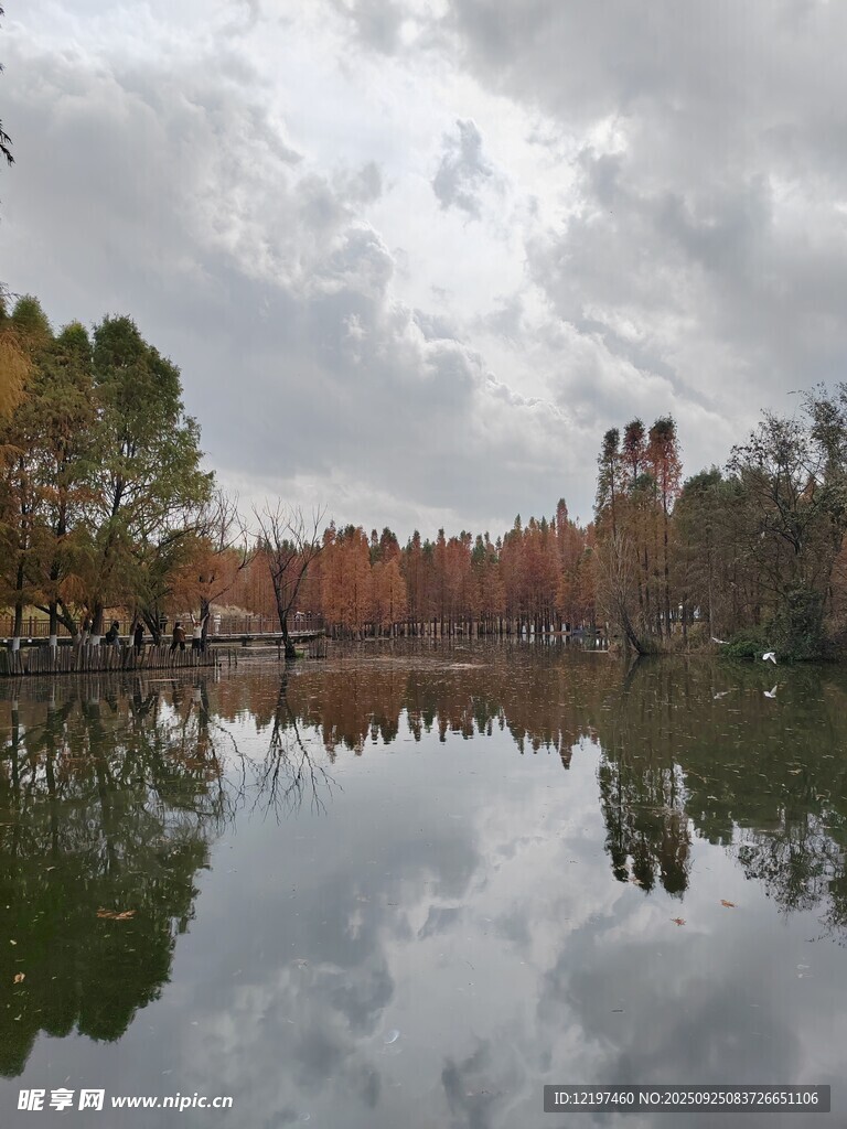 秋日湖畔美景倒影如画