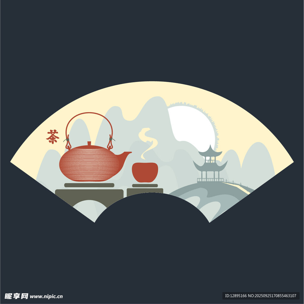 中式扇形茶具插画意境美