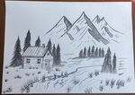 山间小屋雪景素描画