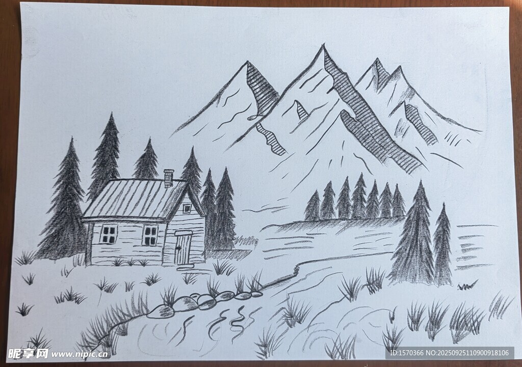 山间小屋雪景素描画