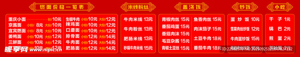 面馆价格表
