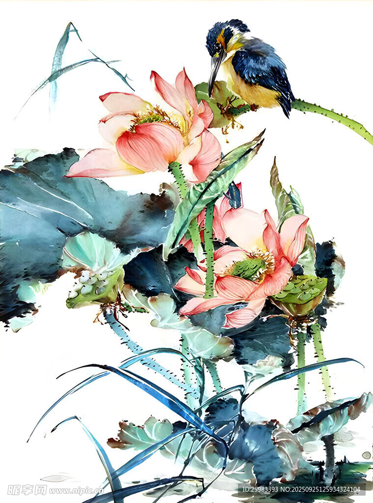 荷花翠鸟图