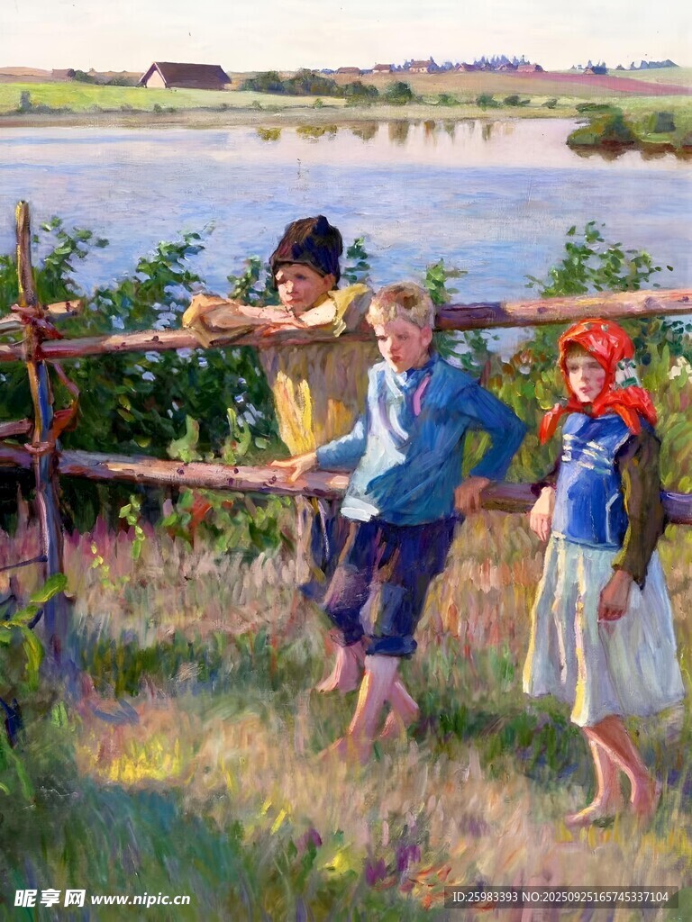 乡村孩童油画