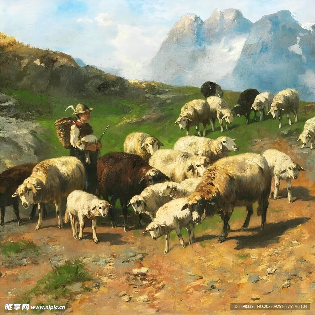 山间牧羊油画