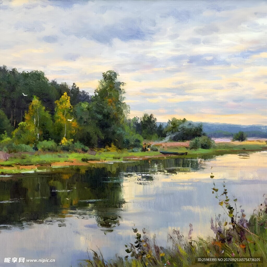 湖畔油画