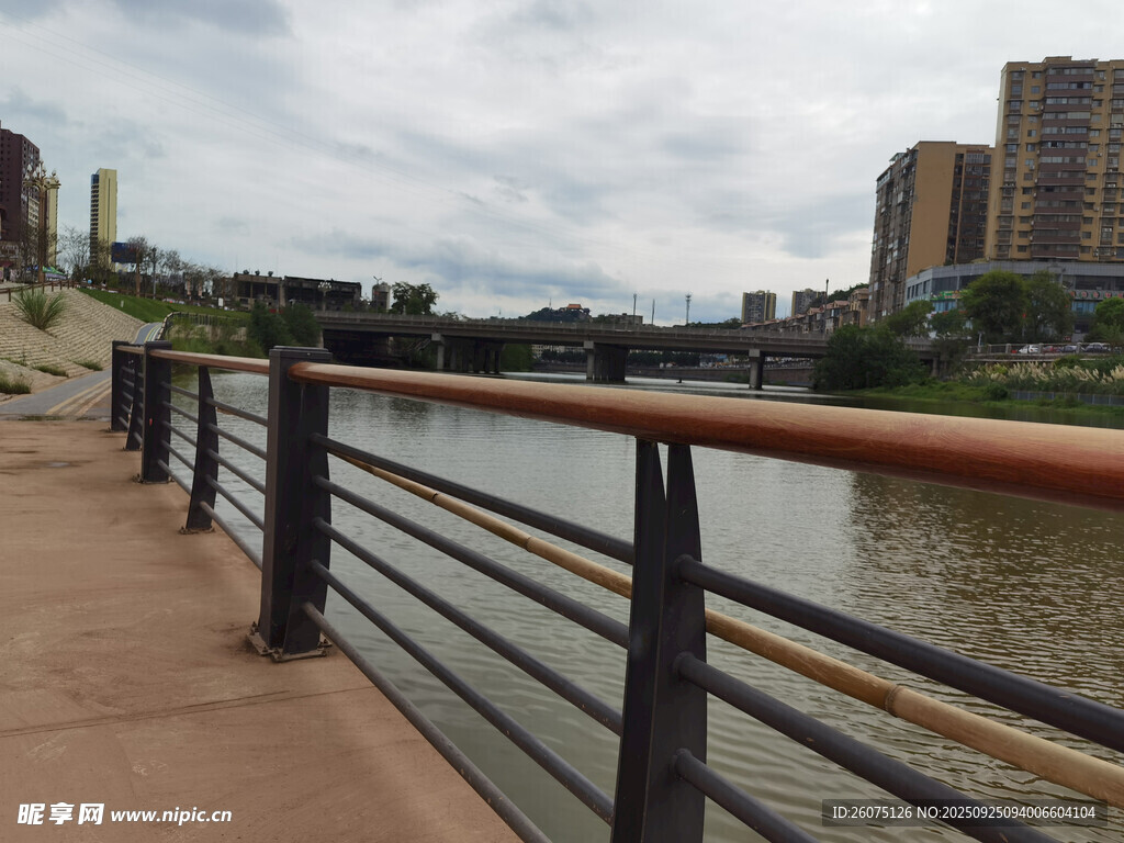 河畔护栏旁的城市风景