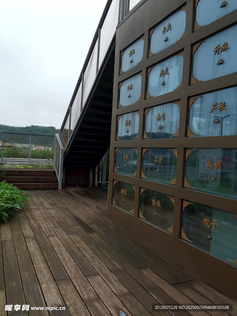 木质露台旁的玻璃墙建筑