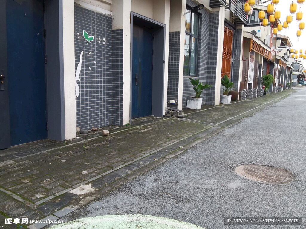 安静街道街边建筑与绿植