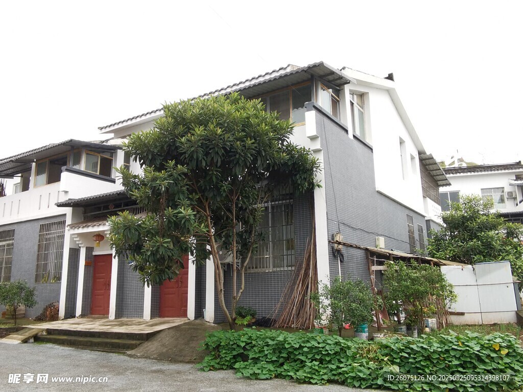两层住宅旁绿植环绕
