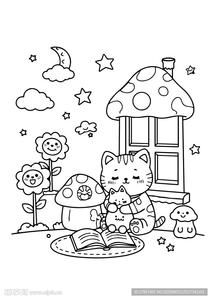 猫咪夜读温馨童话场景