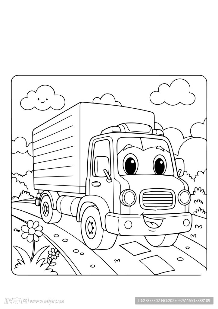 卡通货车行驶在道路上
