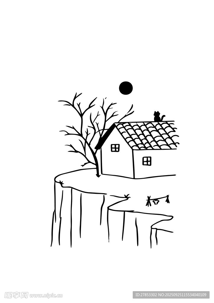 悬崖边小屋的孤寂景象