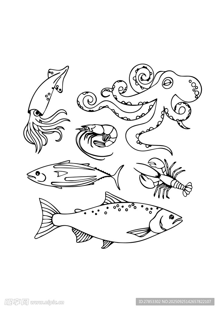 手绘海洋鱼类及海鲜集合