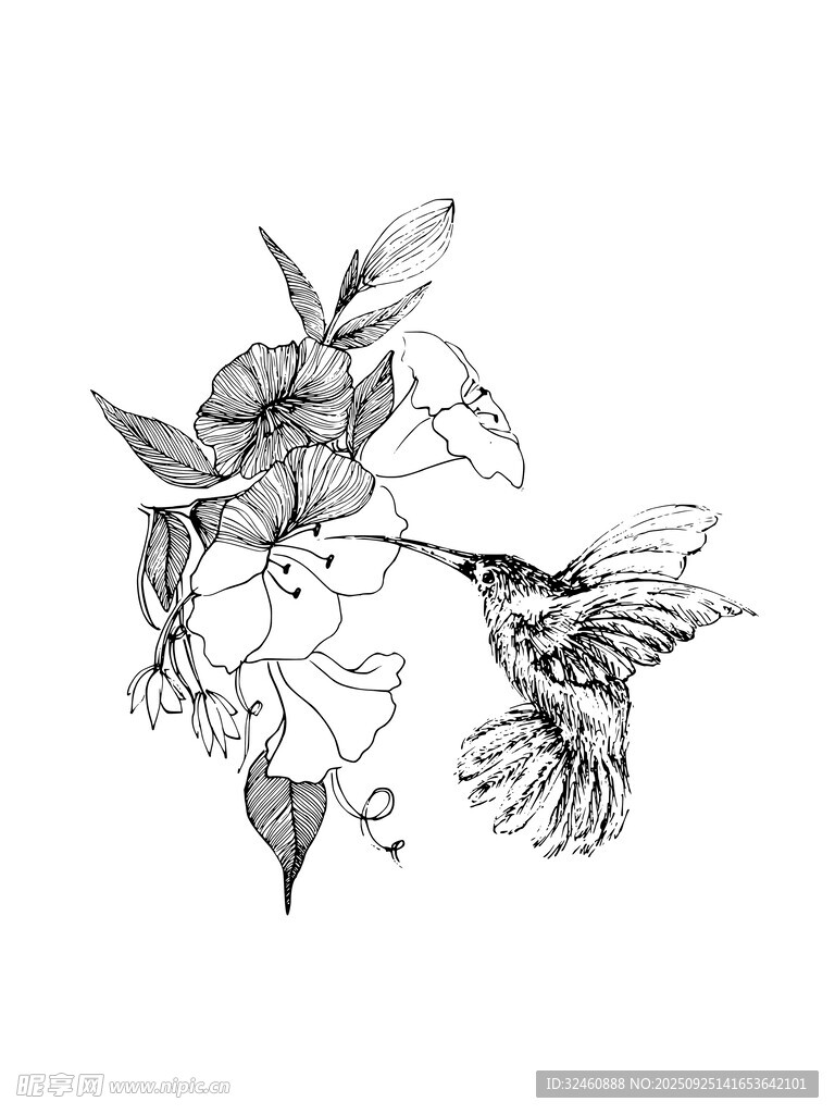 手绘花卉与飞鸟图案