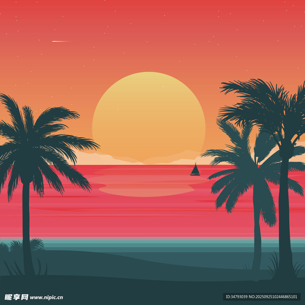 夕阳下的棕榈树海滨美景