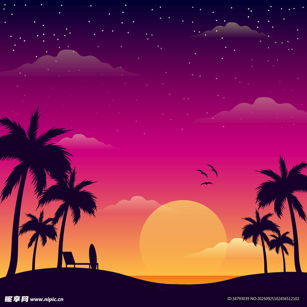 夕阳下的椰林海滨美景