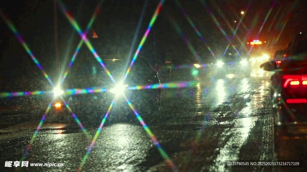 雨夜街道的车辆灯光景象