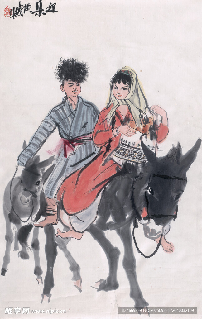 传统服饰男女骑驴图