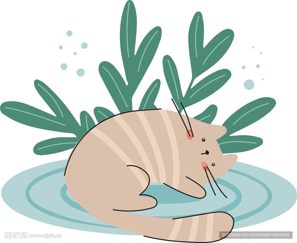 酣睡的条纹猫咪与绿植