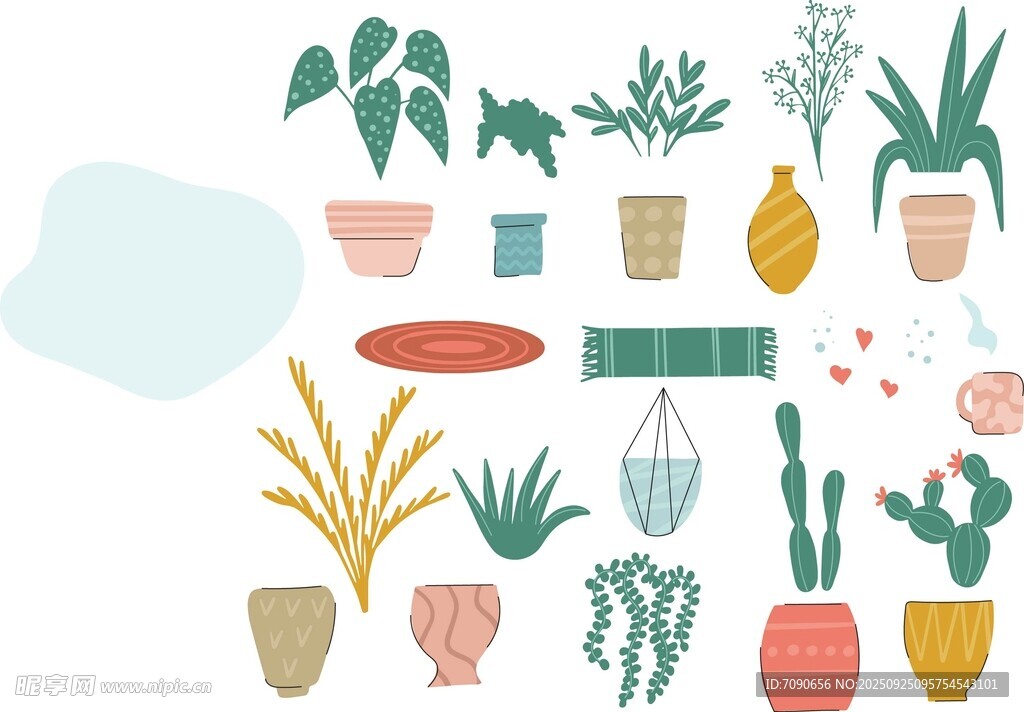 多彩盆栽植物插画