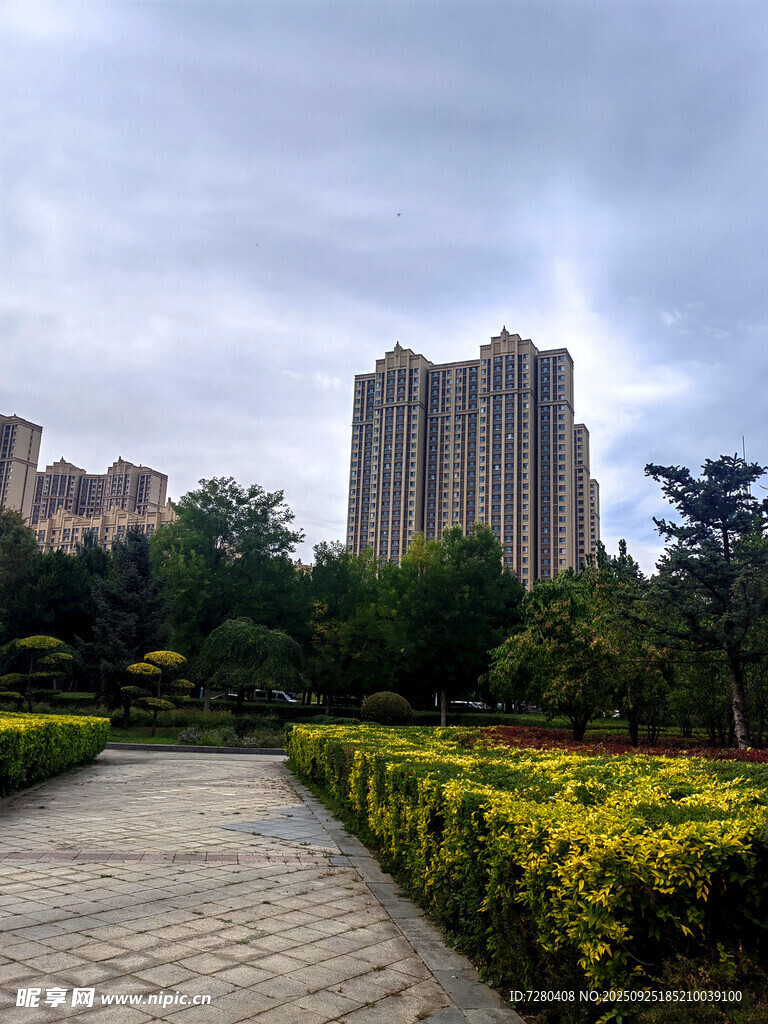 城市园林中的高楼与步道