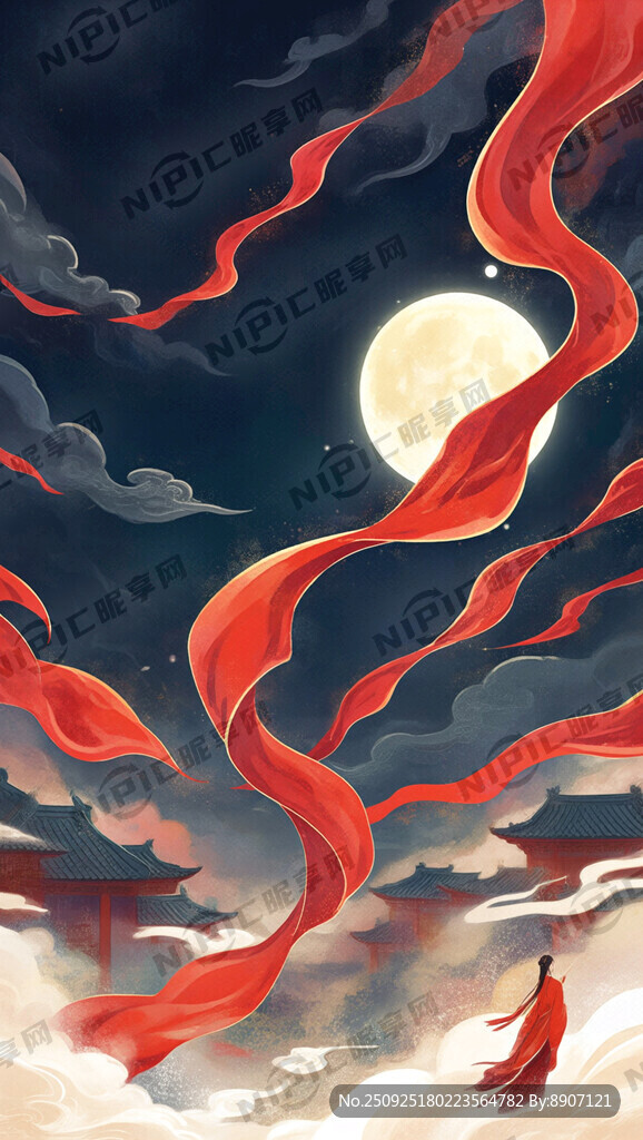 红色 梦幻 中秋 飘带