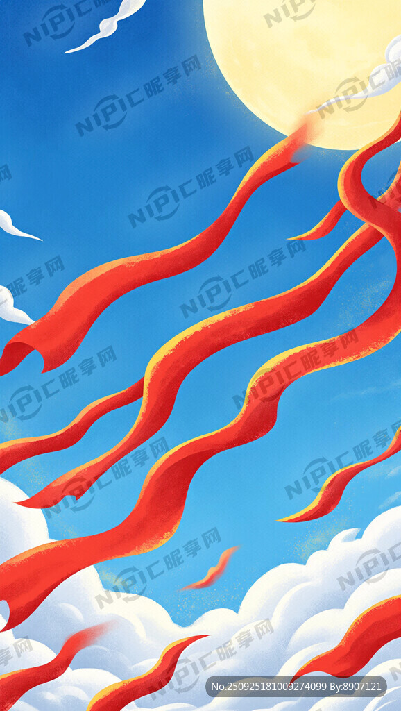 红色 蓝天 梦幻 中秋 飘带