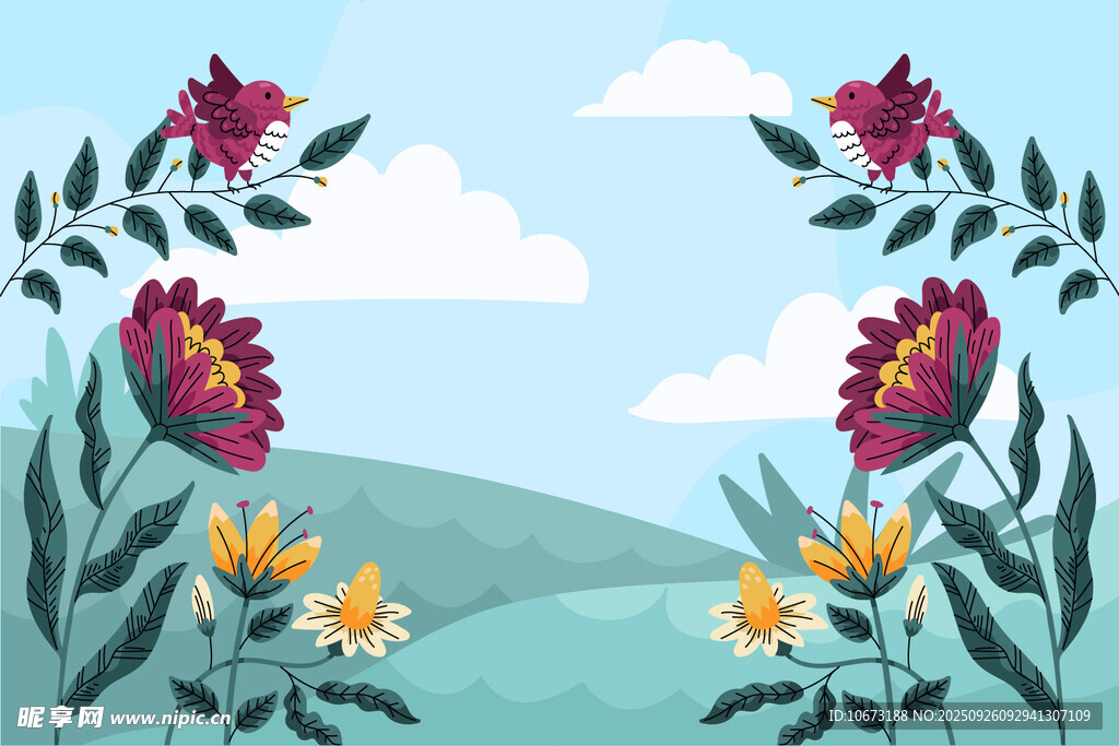 花卉环绕的清新风景画面