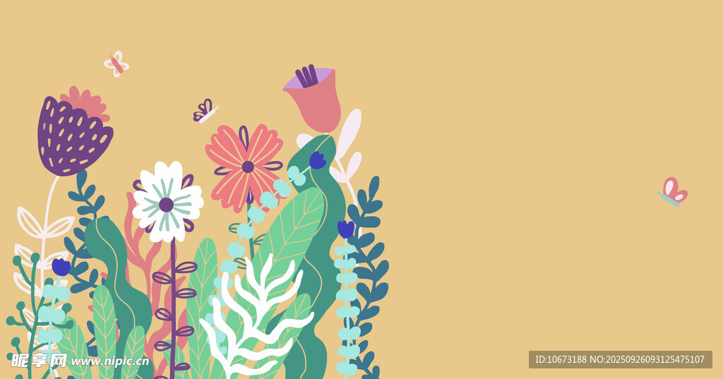 手绘多彩花卉植物插画