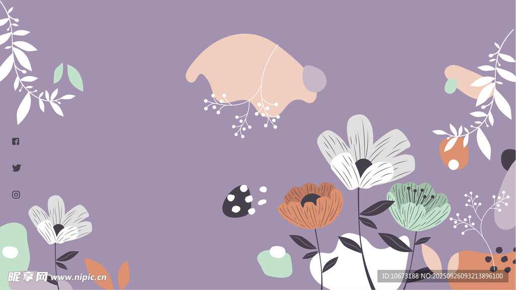 紫色背景可爱动物植物插画