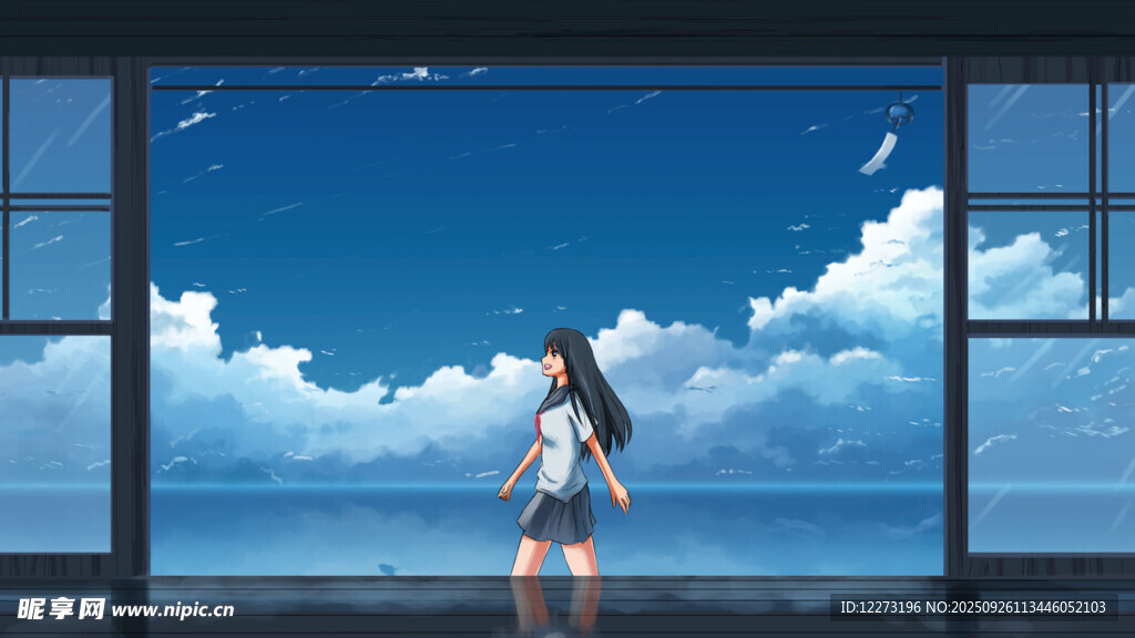 窗边少女背吉他望向天空
