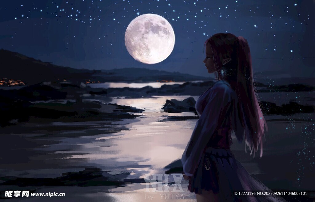 月夜海边的孤独少女