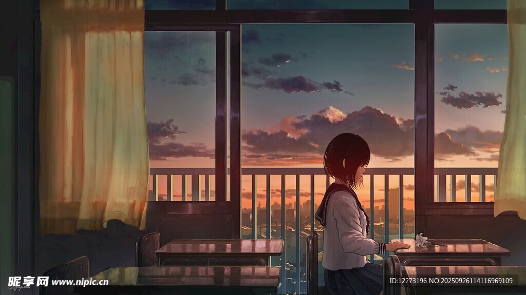 窗边少年眺望美丽黄昏
