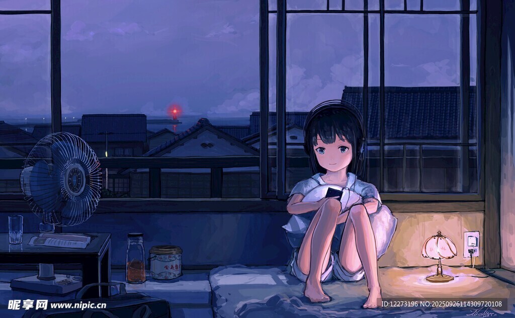 夜晚窗边独坐的沉思少年