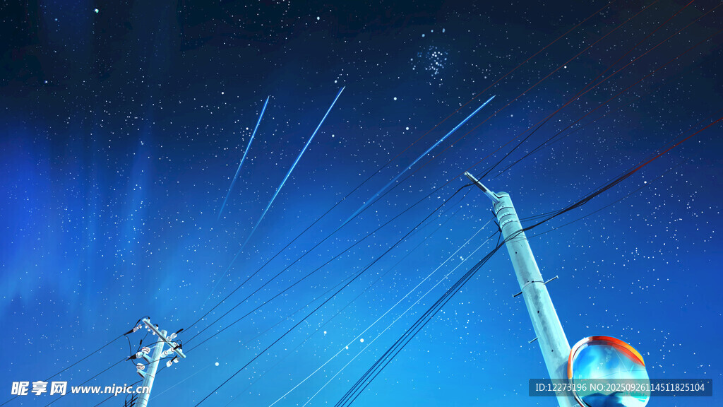 夜空下的高耸电线杆