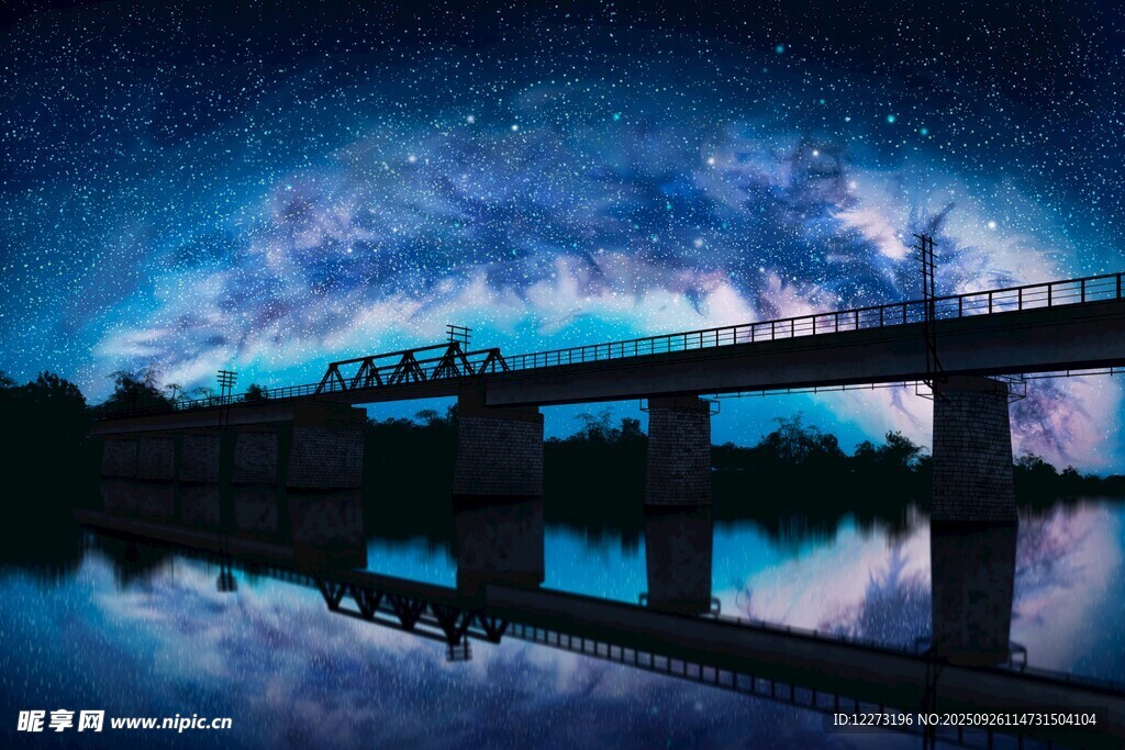 星空下的桥梁与湖面倒影