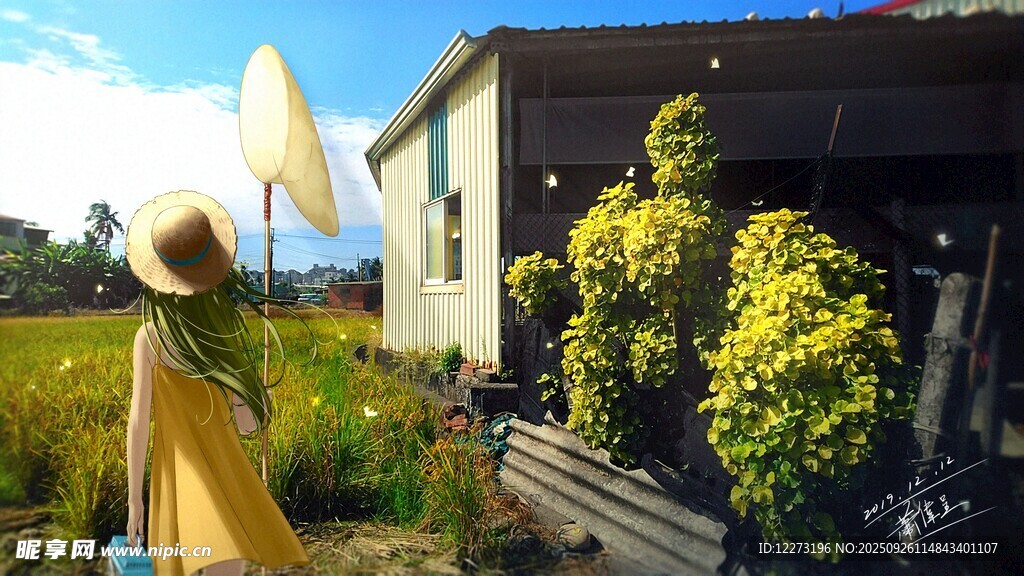 乡村小屋旁的绿植与卫星锅