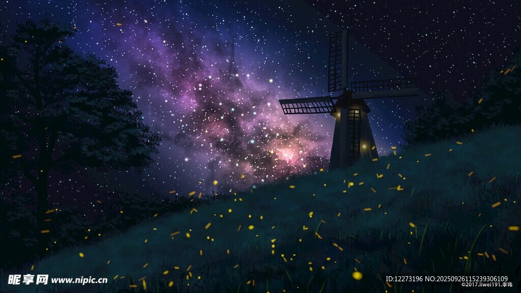 星空下的梦幻草地与树木