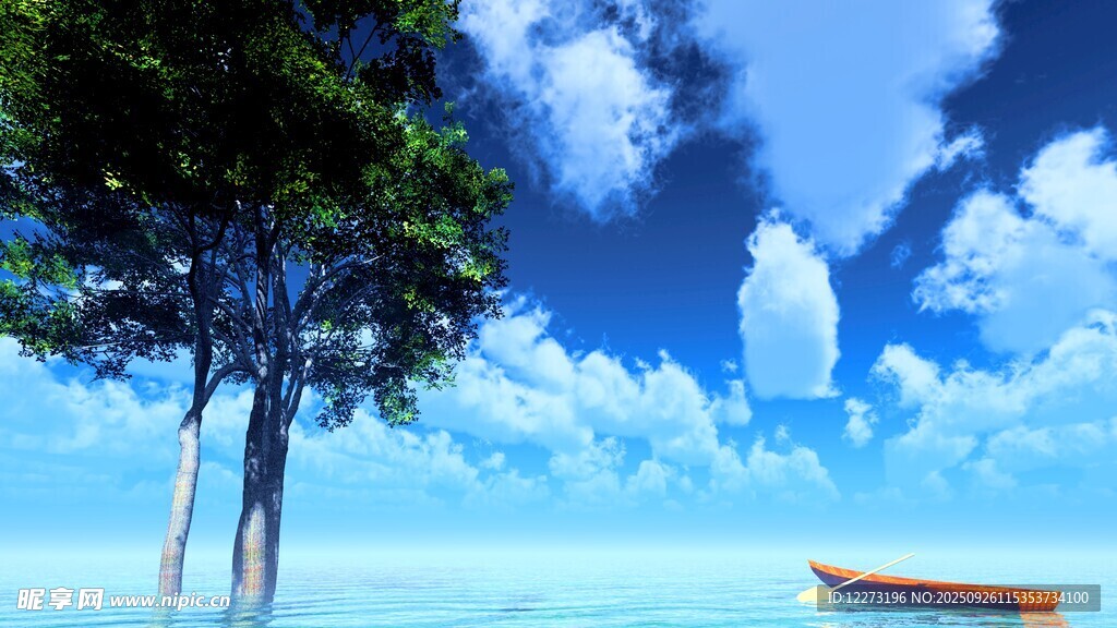 海边树影下的静谧小船