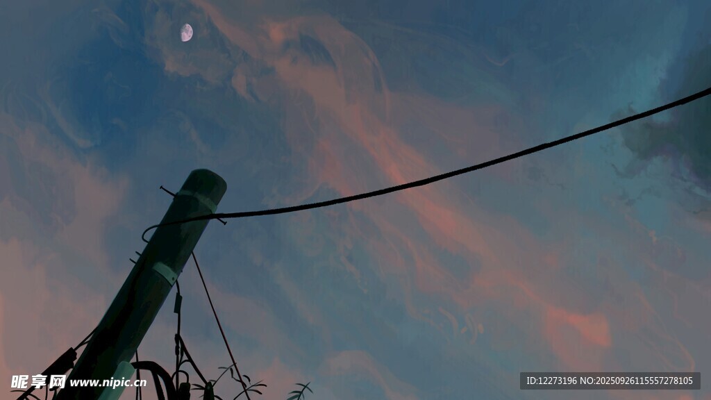 黄昏下的电线杆与绚丽天空