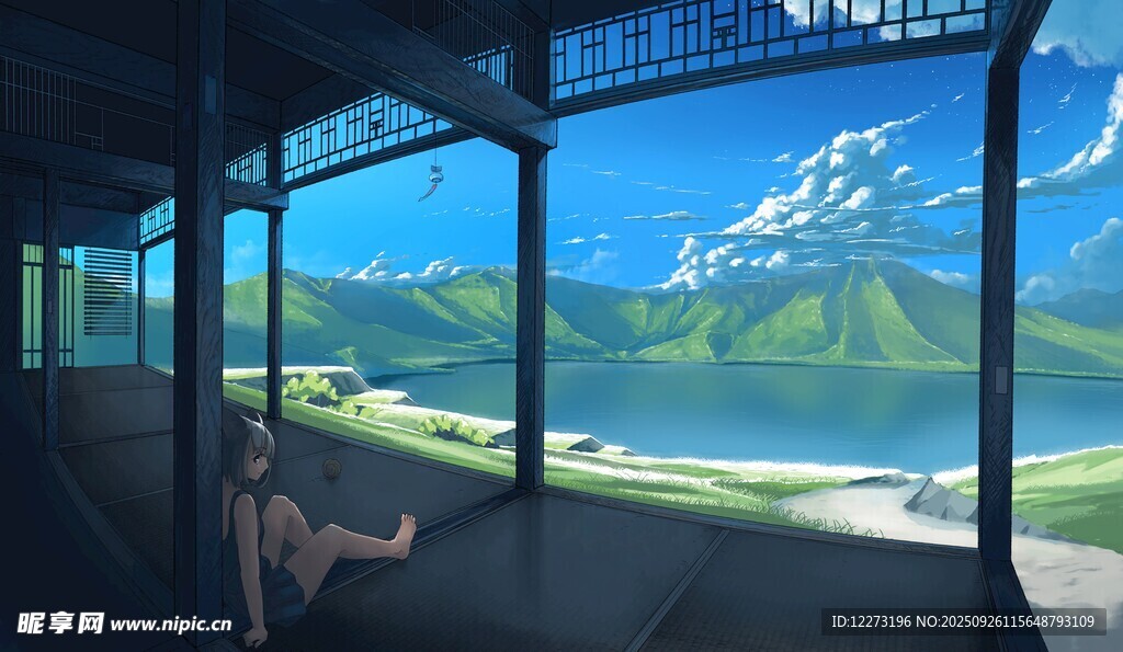 车厢内赏窗外美丽湖山景