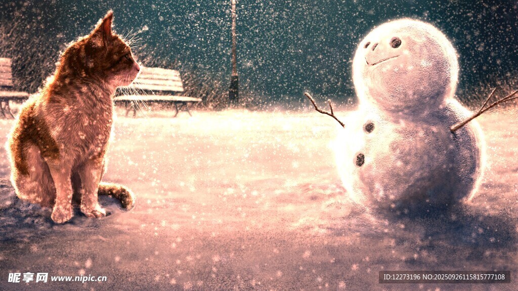 猫咪与雪人对视的温馨场景