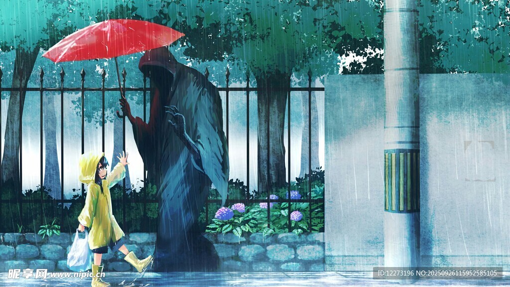 雨中父女撑伞温馨漫步