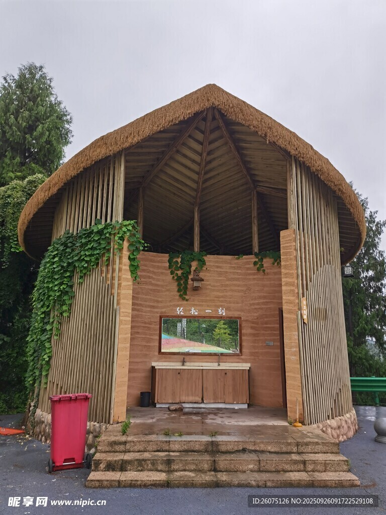 木质小屋绿植环绕的景致